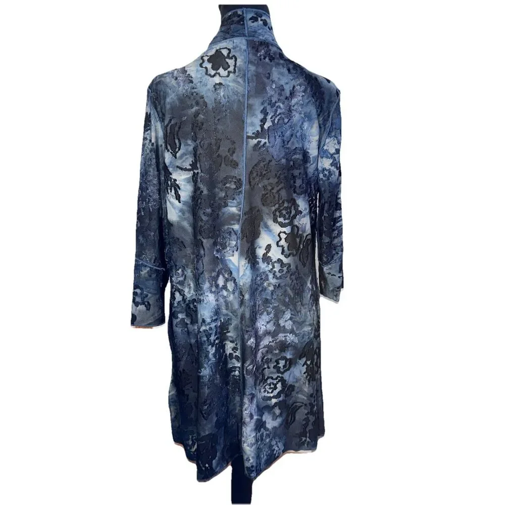 NWT Creation Navy Burnout Velvet Fly‎ Away Duster Kimono Artsy Boho Lagenlook